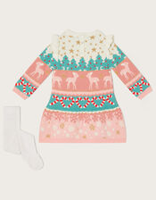 Baby Intarsia Reindeer Knit Dress, Pink (PINK), large