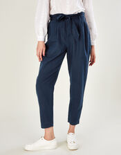 Linen Paper Bag Waist Trousers, Blue (NAVY), large