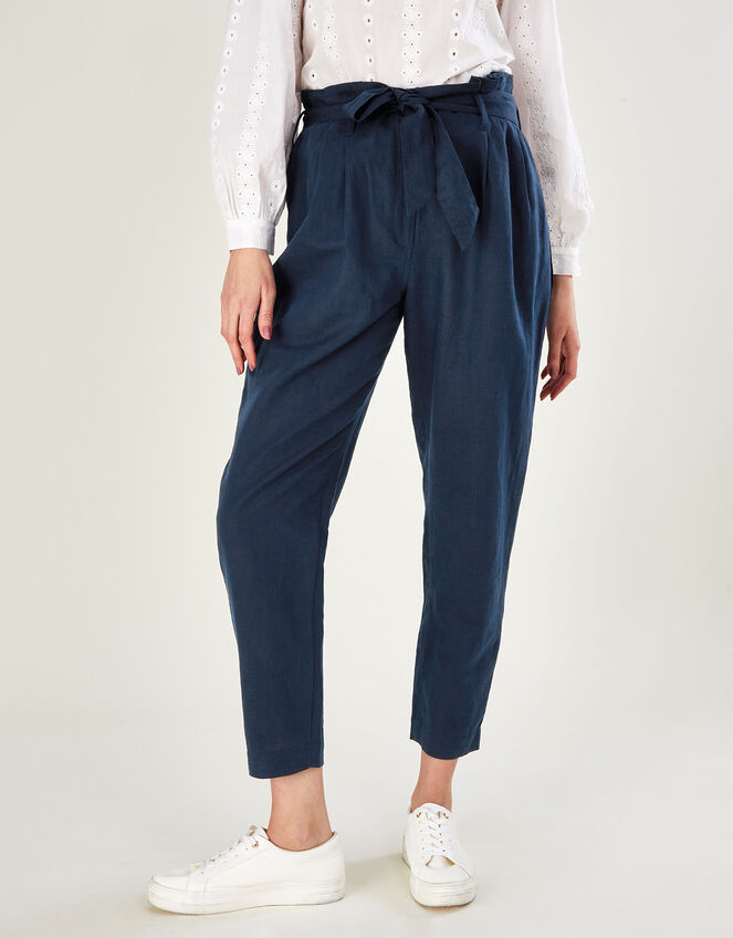 Linen Paper Bag Waist Trousers, Blue (NAVY), large