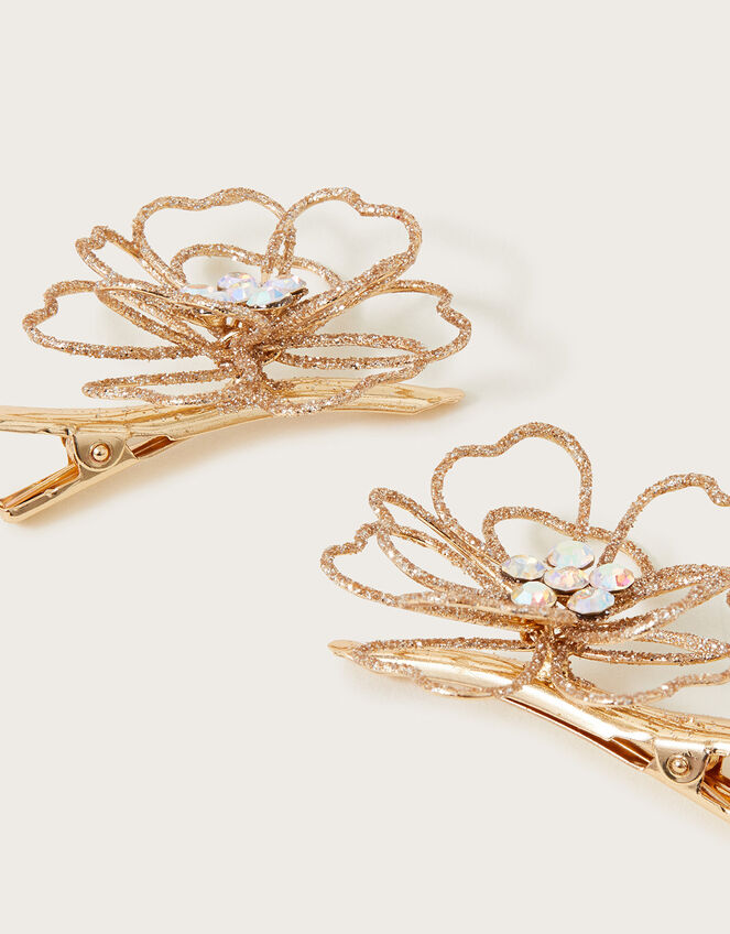 Diamante Wire Flower Hair Clips Set of Two, , large