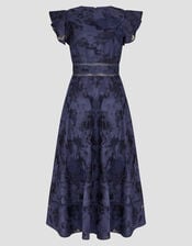 Josie Flutter Sleeve Floral Jacquard Midi Dress, Blue (NAVY), large