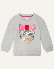 Sequin Floral Cat Sweatshirt, Grey (GREY), large