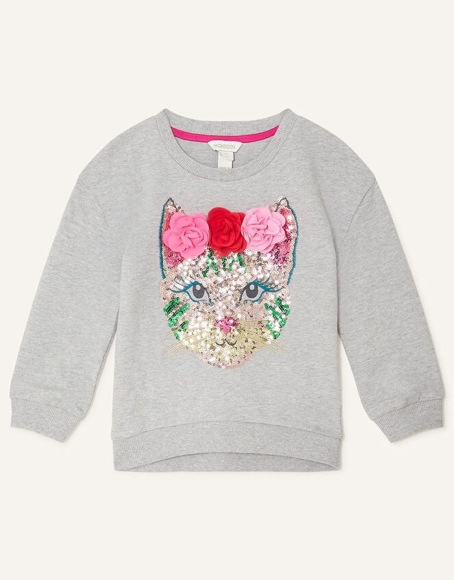 Sequin Floral Cat Sweatshirt, Grey (GREY), large