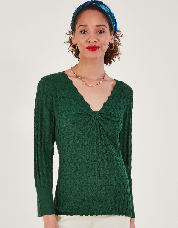 Pointelle Stitch Jumper with Recycled Polyester, Green (DARK GREEN), large
