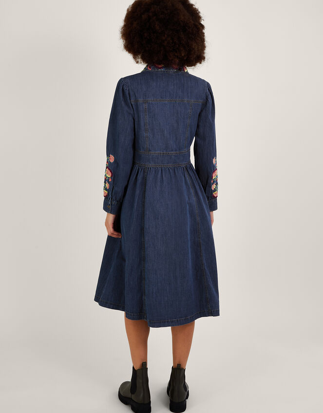 Embroidered Denim Midi Shirt Dress, Blue (DENIM BLUE), large