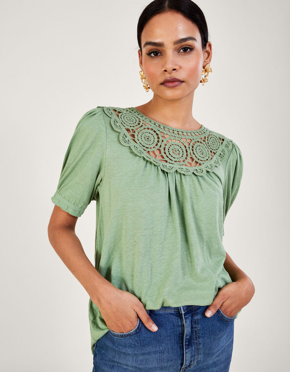 Crochet Frill Sleeve Top in Linen Blend, Green (KHAKI), large