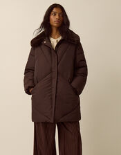 Iona Faux Fur Collar Padded Coat, Brown (CHOCOLATE), large