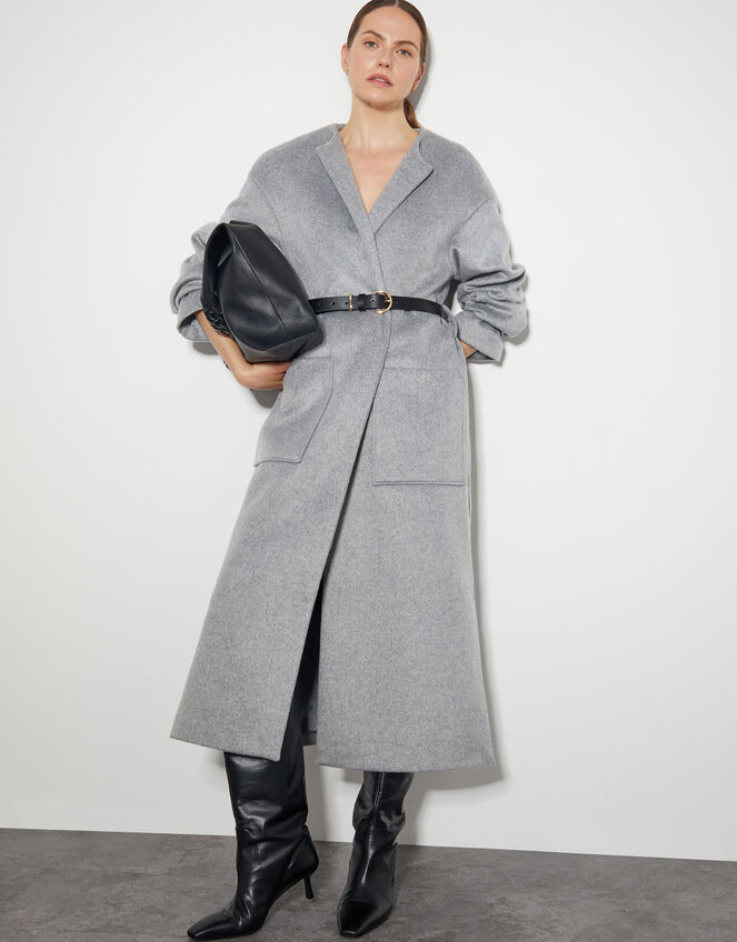 Cassie Long Belted Coat, Gray (GREY), large