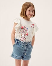 Daisy Embroidered Denim Shorts, Blue (BLUE), large