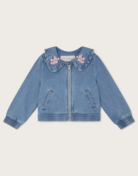 Embroidered Denim Bomber Jacket, Blue (BLUE), large