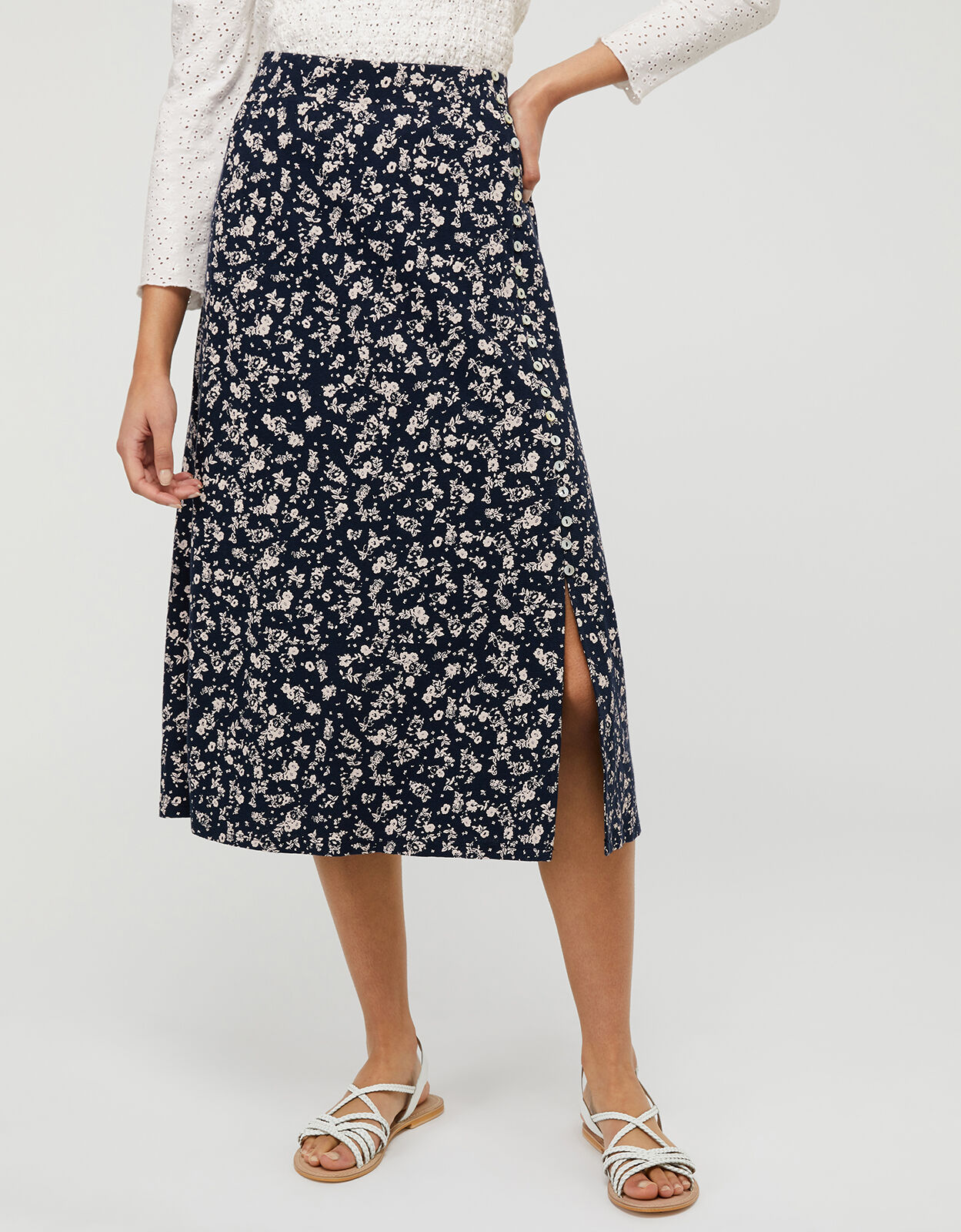 Navy blue floral outlet midi skirt