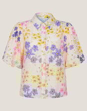 Madeline Floral Puff-Sleeve Shirt , Ivory (IVORY), large