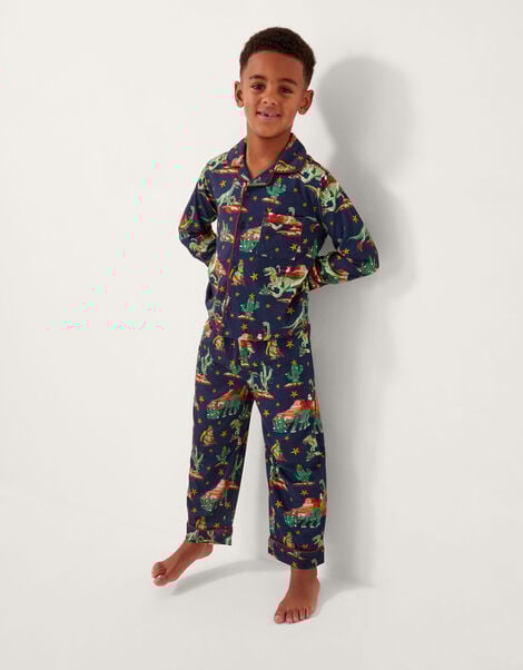 Christmas Dinosaur Print Long Pyjamas Set, Blue (NAVY), large