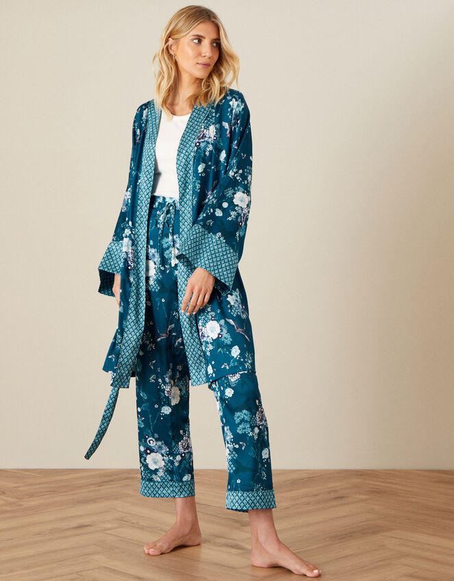 Floral Satin Robe, Teal (TEAL), large