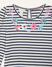 Striped Gem Neckline Top, Blue (NAVY), large