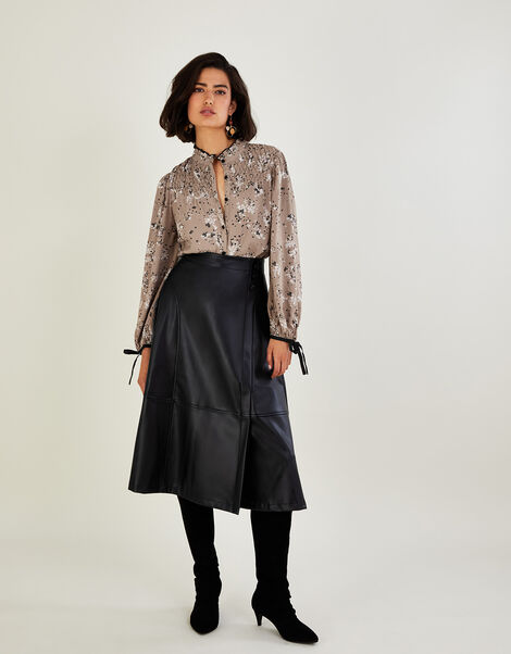 Savannah PU Midi Skirt Black, Black (BLACK), large