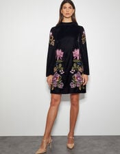 Freya Embroidered Velvet Tunic Dress, Black (BLACK), large