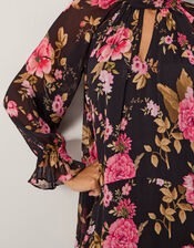 Mariel Floral Print Trapeze Midi Dress, Black (BLACK), large