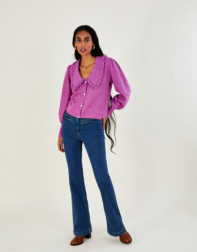 Collar Pearl Button Cardigan, VIOLET, large