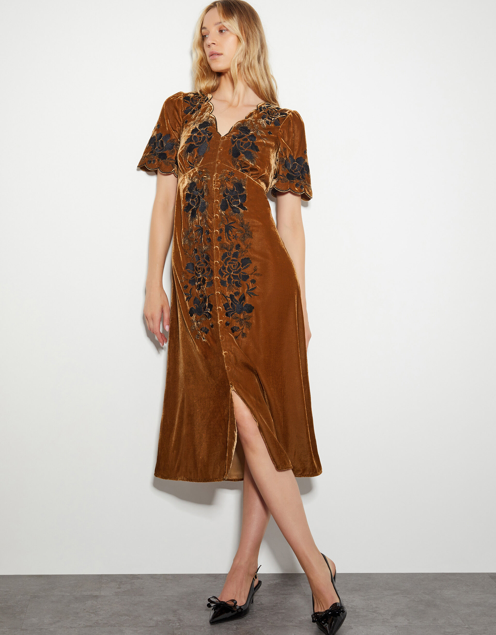Cleo Embroidered Velvet Dress Copper