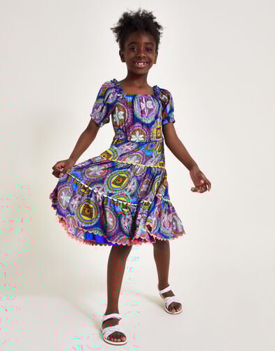 Short Sleeve Scallop Print Dress, Blue (BLUE), large