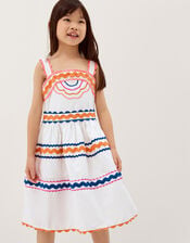 Ric Rac Embroidered Cotton Dress, White (WHITE), large
