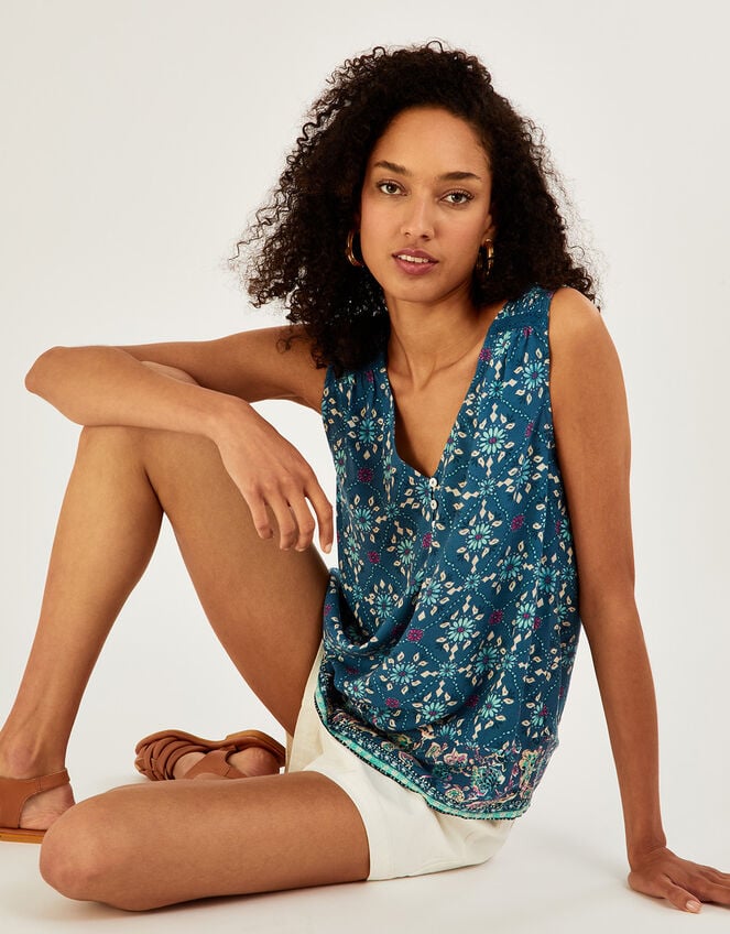 Geometric Tile Print V-Neck Cami Top, Teal (TEAL), large