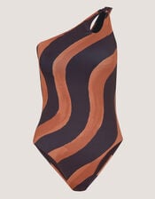 Callie Thorpe x Monsoon One-Shoulder Wave Print Shaping Swimsuit, Black (BLACK), large