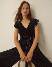 Dionne V-Neck Velvet Jumpsuit, Black (BLACK), large