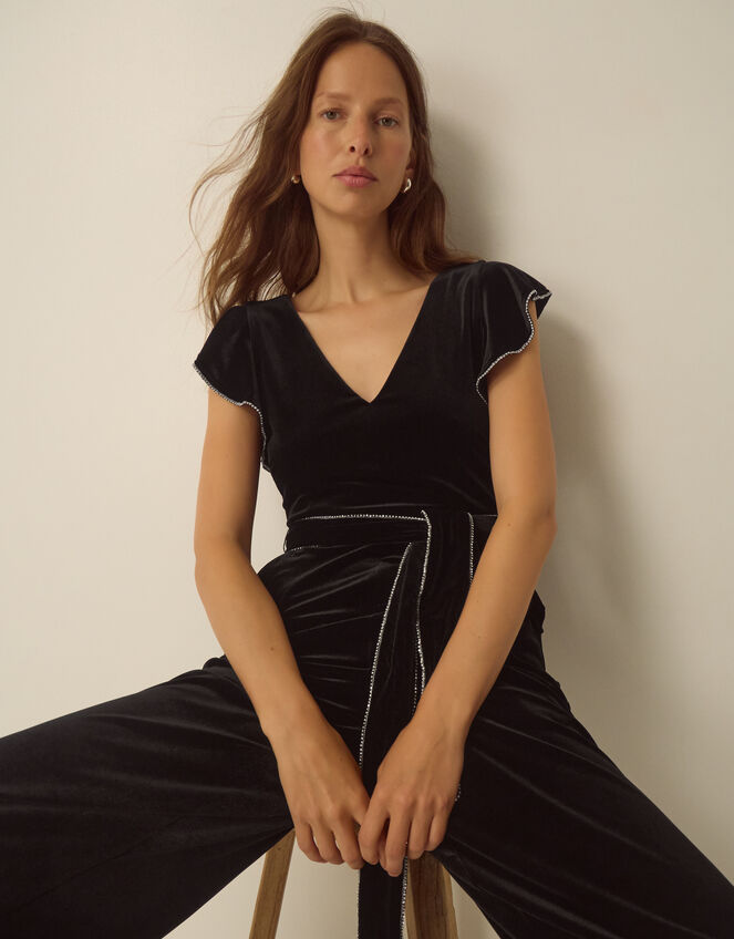 Dionne V-Neck Velvet Jumpsuit, Black (BLACK), large