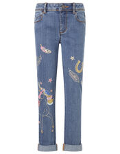 Unicorn Embroidered Jeans, Blue (BLUE), large
