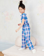 Check Print Puff Sleeve Jumpsuit, Blue (BLUE), large