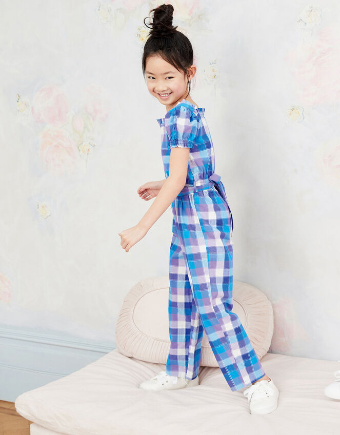 Check Print Puff Sleeve Jumpsuit, Blue (BLUE), large