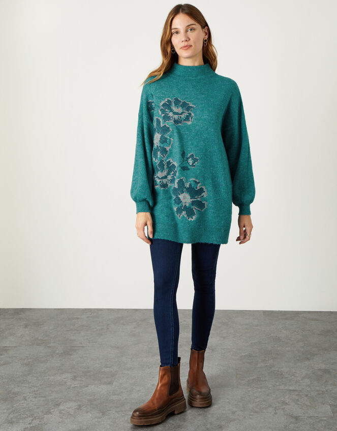 Fiona Floral Jacquard Jumper, Teal (TEAL), large