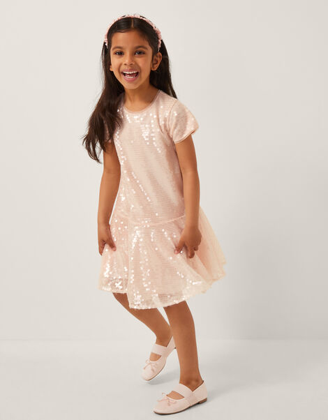 Sequin Drop Waist Dress, Pink (PALE PINK), large