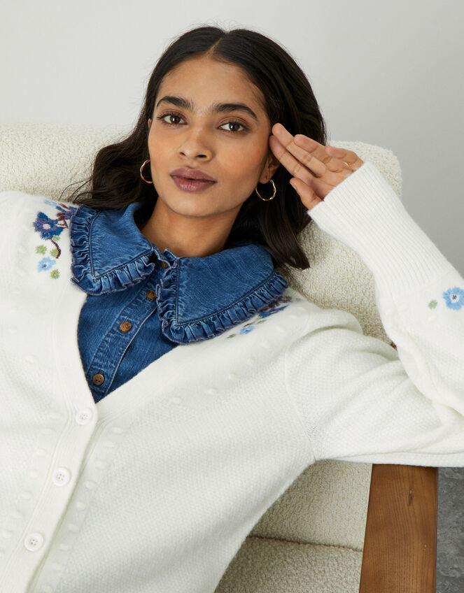 Short Button Through Embroidered Cardigan, Ivory (IVORY), large