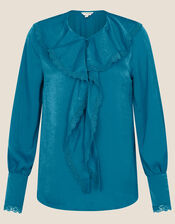 Quinn Ruffle Satin Long Sleeve Blouse, Blue (AQUA), large