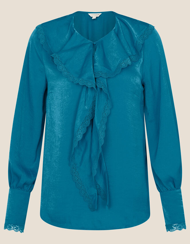 Quinn Ruffle Satin Long Sleeve Blouse, Blue (AQUA), large