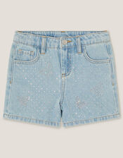 Rhinestone Butterfly Denim Shorts, Blue (BLUE), large