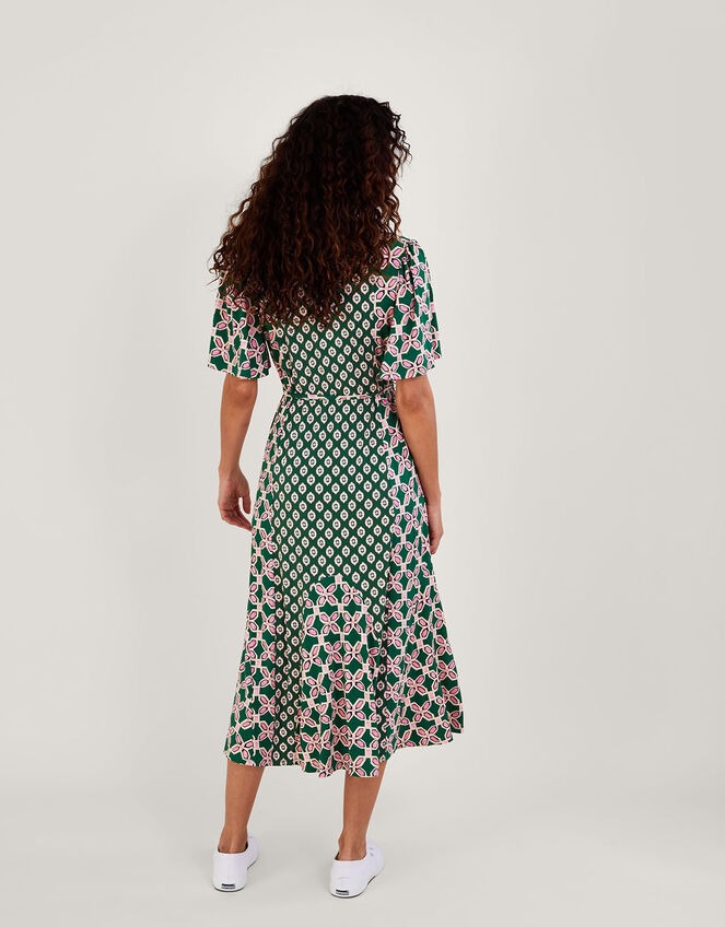 Contrast Geometric Print Wrap Midi Dress, Green (KHAKI), large