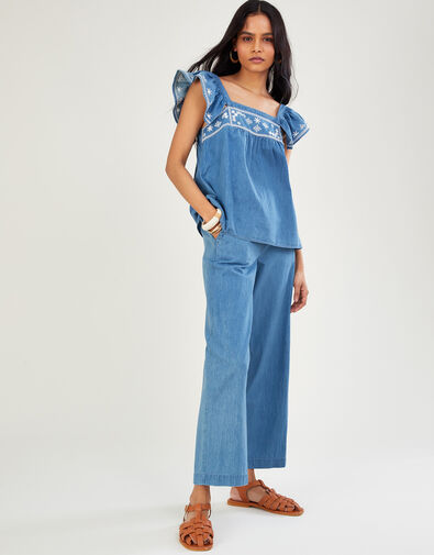 Denim Pull On Crop Trousers in Sustainable Cotton, Blue (BLUE), large