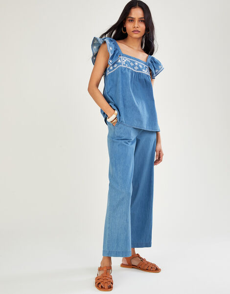 Denim Pull On Crop Trousers in Sustainable Cotton, Blue (BLUE), large