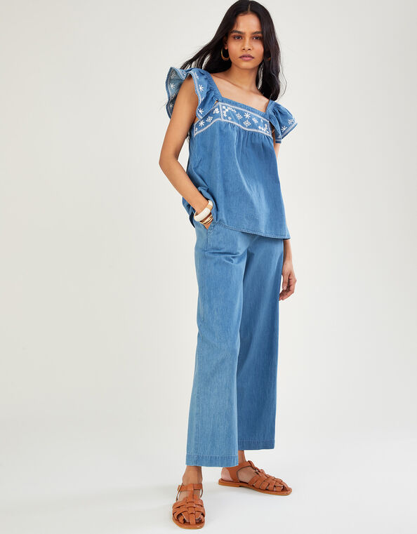 Denim Pull On Crop Trousers in Sustainable Cotton, Blue (BLUE), large