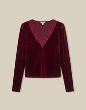 Lexi Lace Trim Velvet Top, Red (BURGUNDY), large