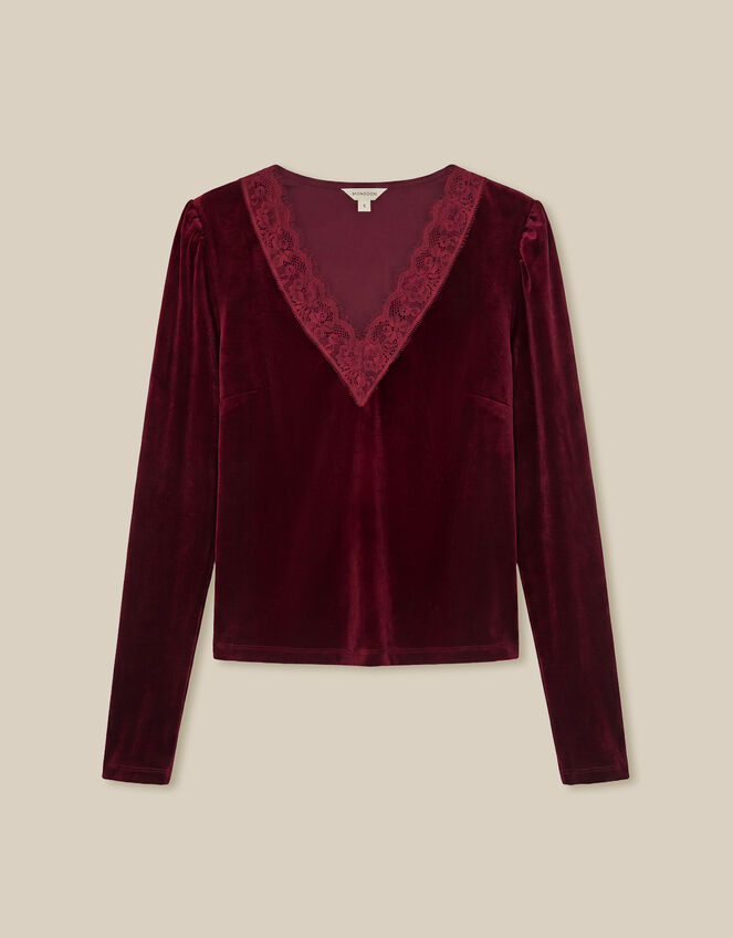 Lexi Lace Trim Velvet Top, Red (BURGUNDY), large