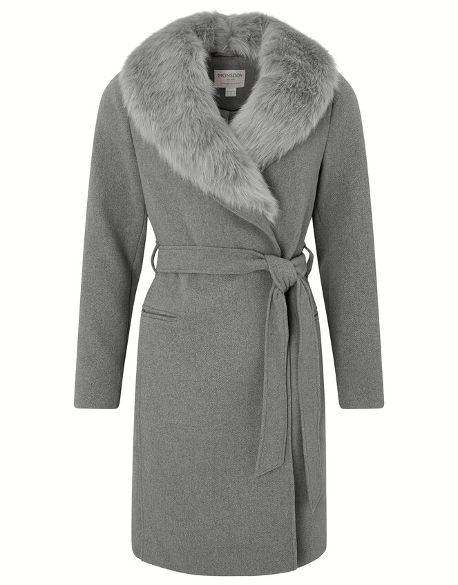 Faux Fur Collar Coat in Wool Blend, Grey (GREY), large
