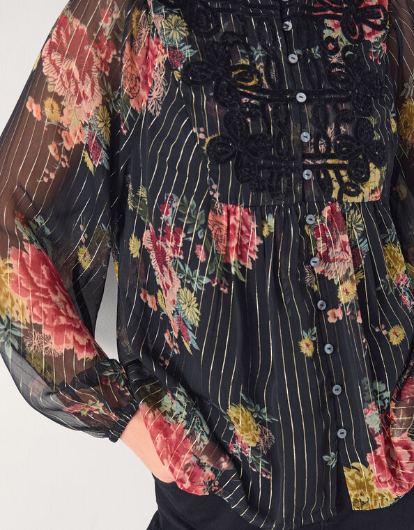 Azami Shimmer Stripe Floral Blouse, Black (BLACK), large