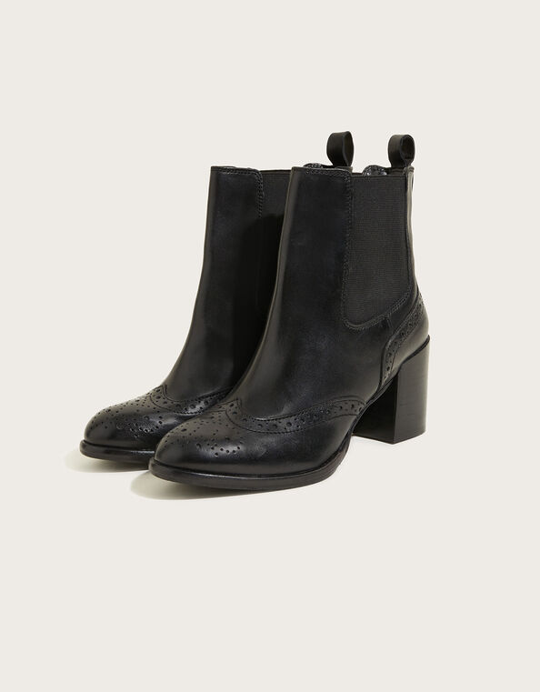 Classic Leather Heeled Brogue Boots, Black (BLACK), large