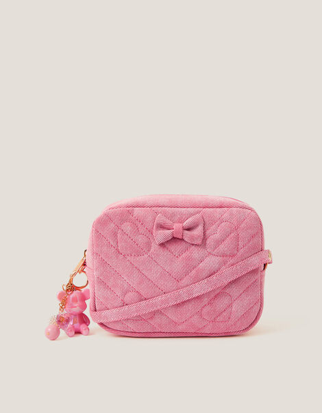 Heart Quilted Denim Cross Body Bag, , large