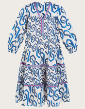 Geometric Print Kaftan Dress in Sustainable Cotton, Blue (COBALT), large